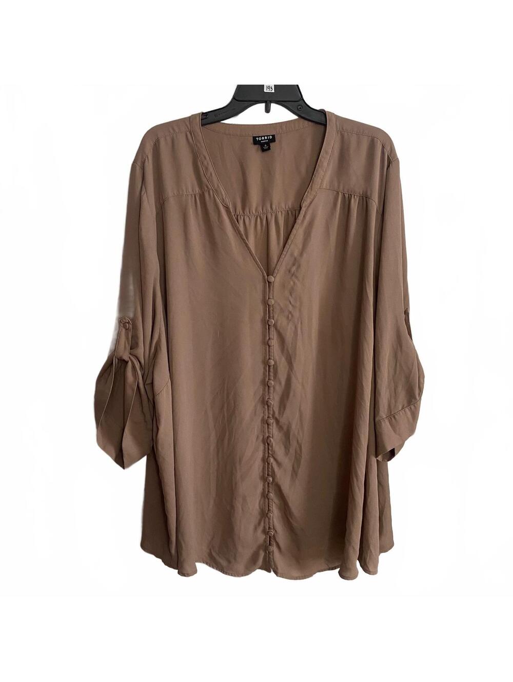 Torrid Harper Taupe Button Front Blouse Size 6 Plus Size Roll Tab Sleeve